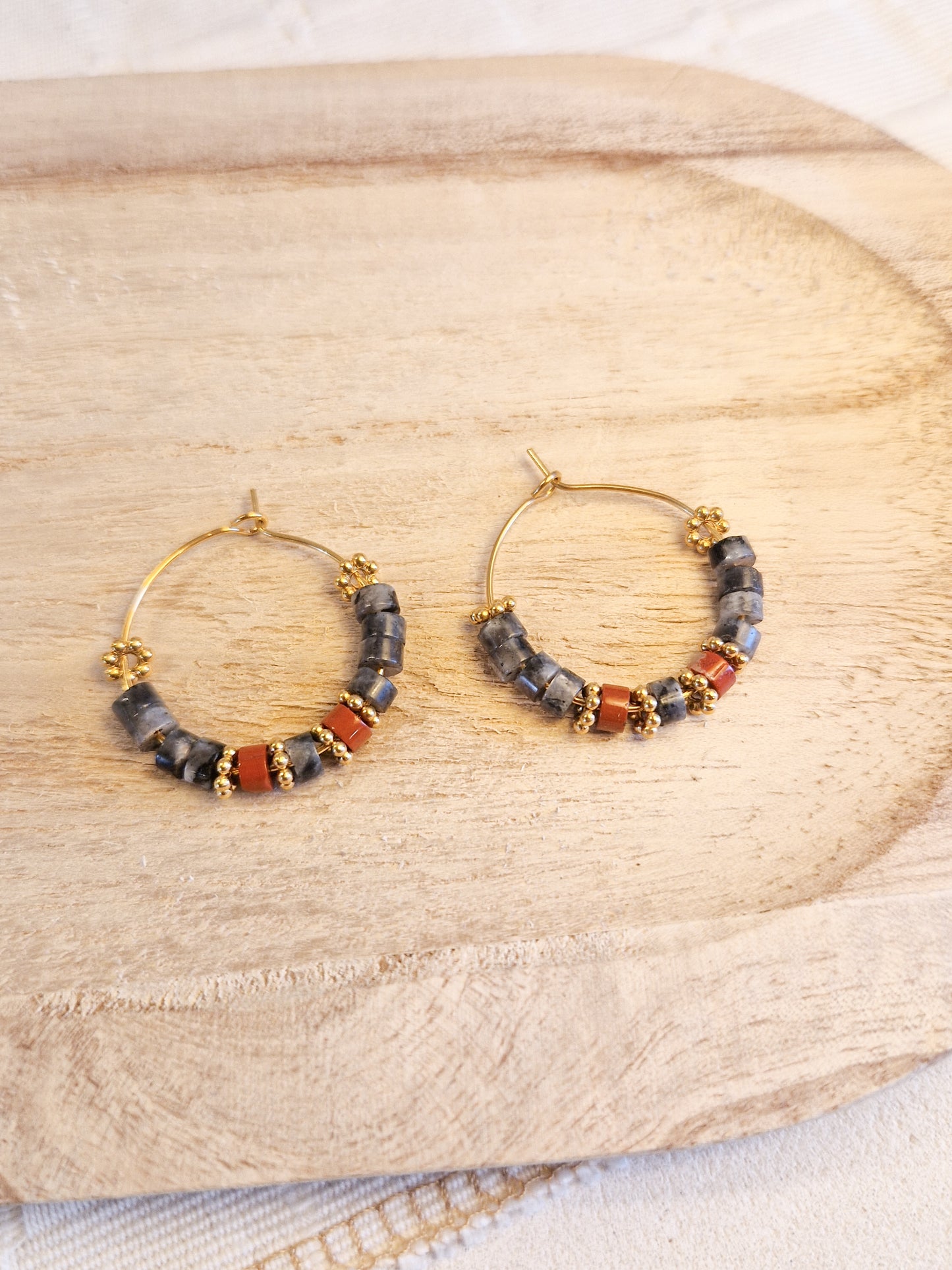 Boucles d'oreilles Colima Labradorite et Jaspe Rouge