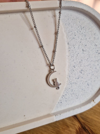 Collier Chat sur la Lune Argenté