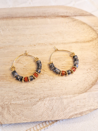 Boucles d'oreilles Colima Labradorite et Jaspe Rouge