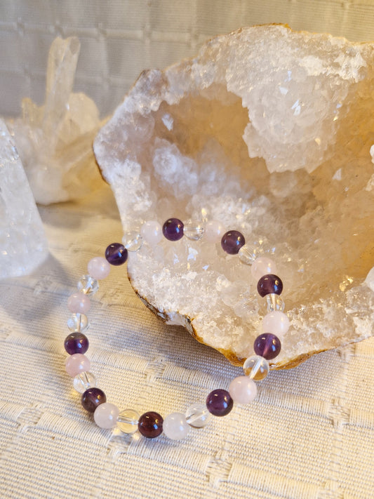 Bracelet lithothérapie - Quartz Rose, Améthyste & Cristal de Roche